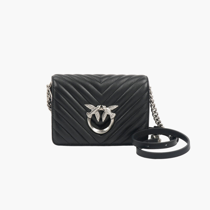 Pinko Nero Quilted Handbag with Bird Motif Clasp and Chain Strap