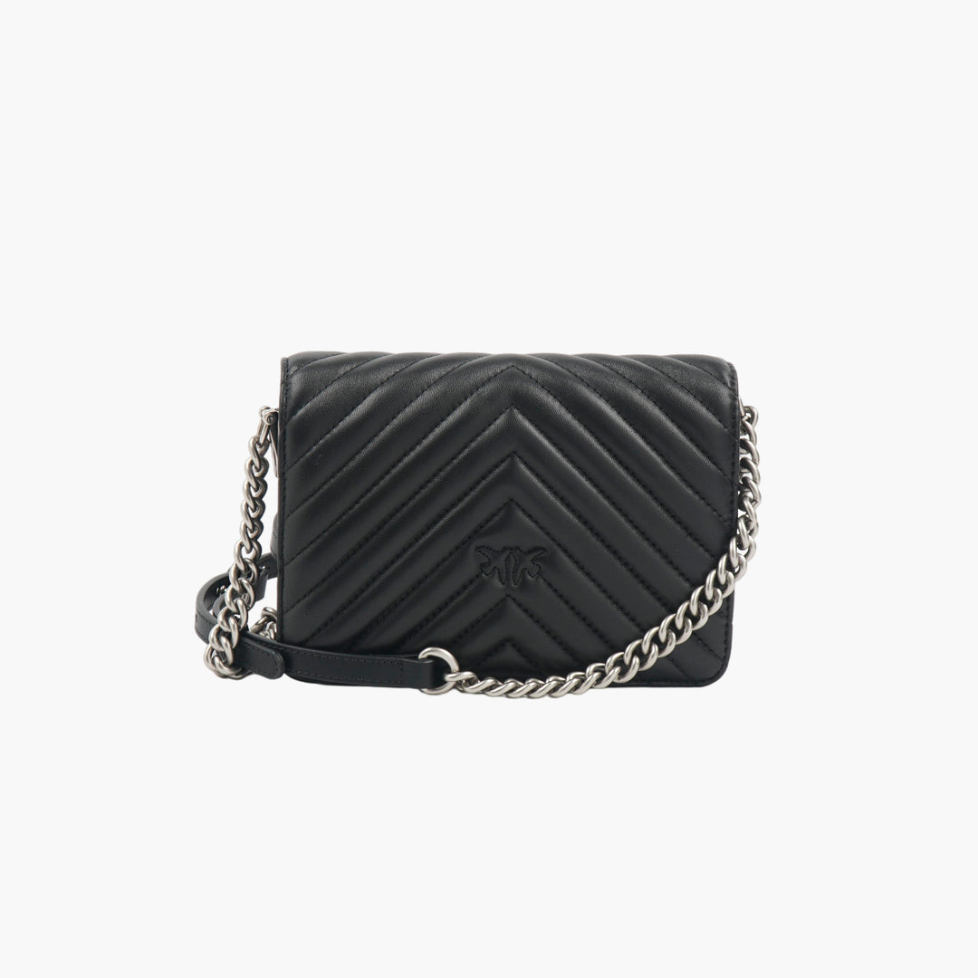 Pinko Nero Quilted Handbag with Bird Motif Clasp and Chain Strap