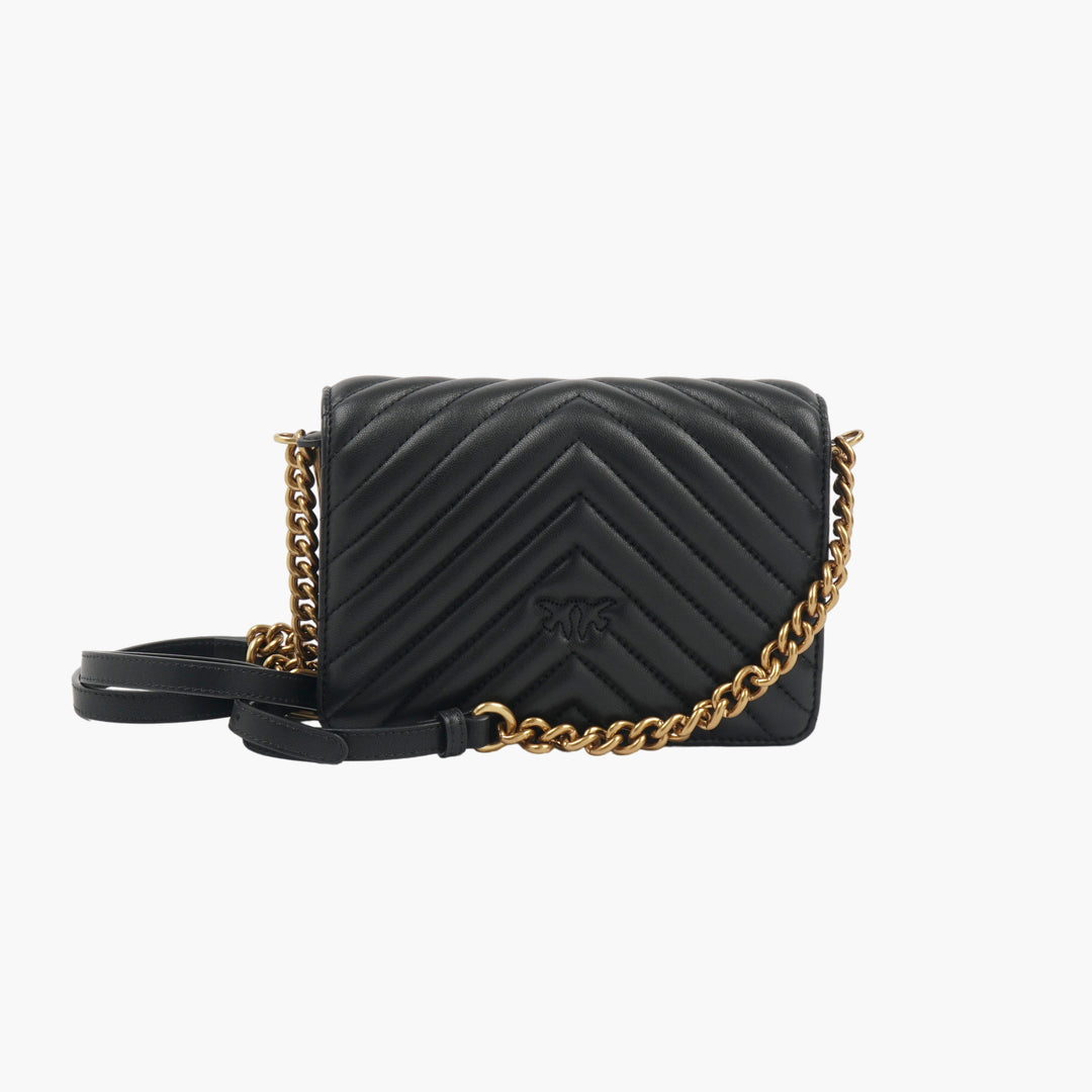 PINKO Black-Gold Quilted Bag with Gold-Tone Bird Embellishment