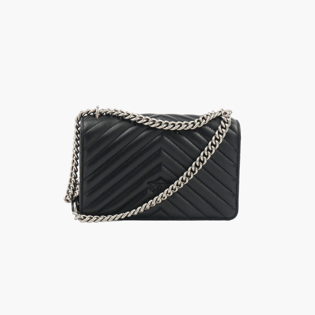 PINKO Nero Chevron Pattern Leather Bag with Metal Bird Emblem