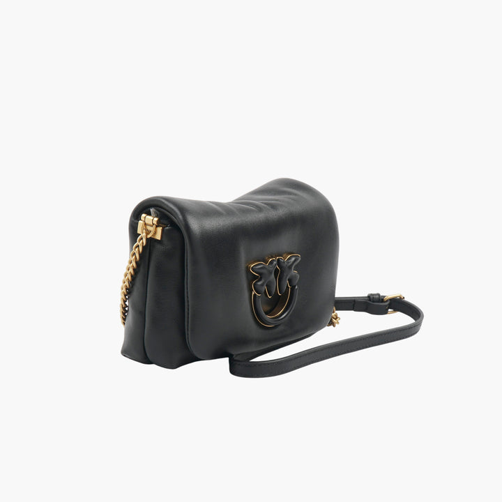 Borsa Pinko nera-oro con tracolla a catena elegante e logo Signature