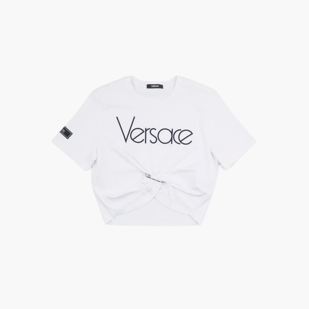 Versace Iconic Logo Twist Front T-Shirt in Bianco - Made in Italy