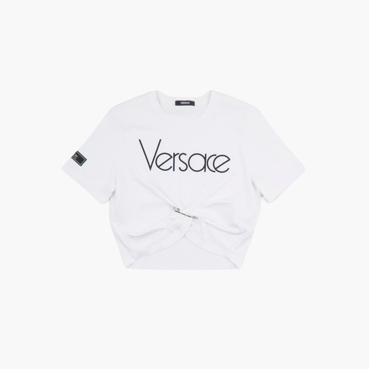 T-shirt Versace Iconic Logo Twist Front in bianco