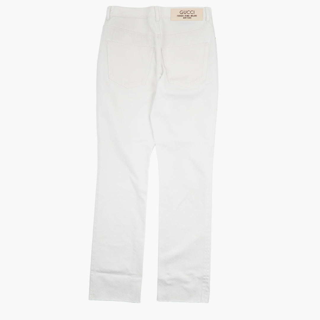 Gucci White Premium Denim Jeans - Made in Italy, Sleek Fit with Frayed Hem Detail