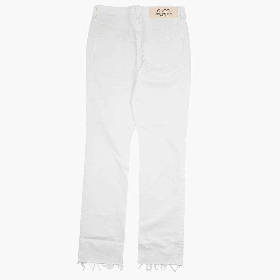 Gucci White Premium Denim Jeans - Made in Italy, Sleek Fit with Frayed Hem Detail