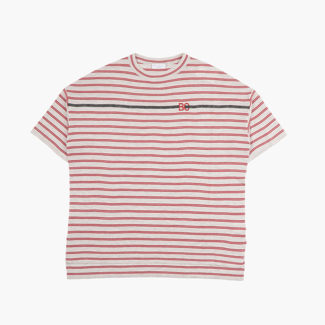 BRUNELLO CUCINELLI Striped Ivory-Red T-Shirt Made in Italy