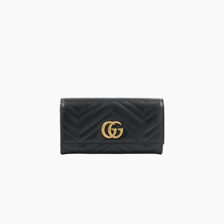 GUCCI Black-Gold Leather Wallet with Chevron Quilted Pattern and GG Logo