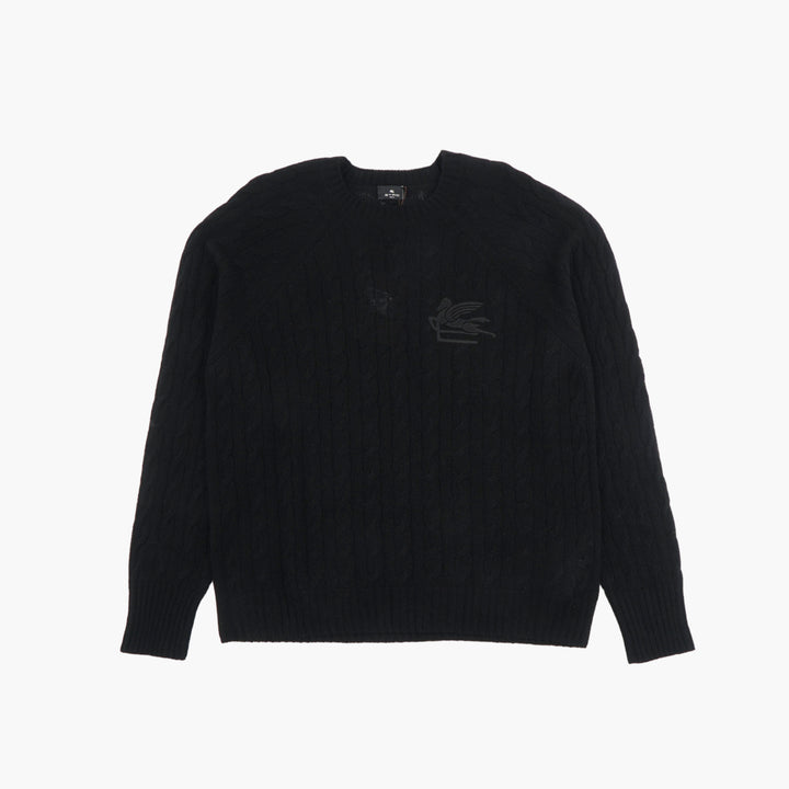 ETRO Cable Knit Sweater in Black with Embroidered Logo