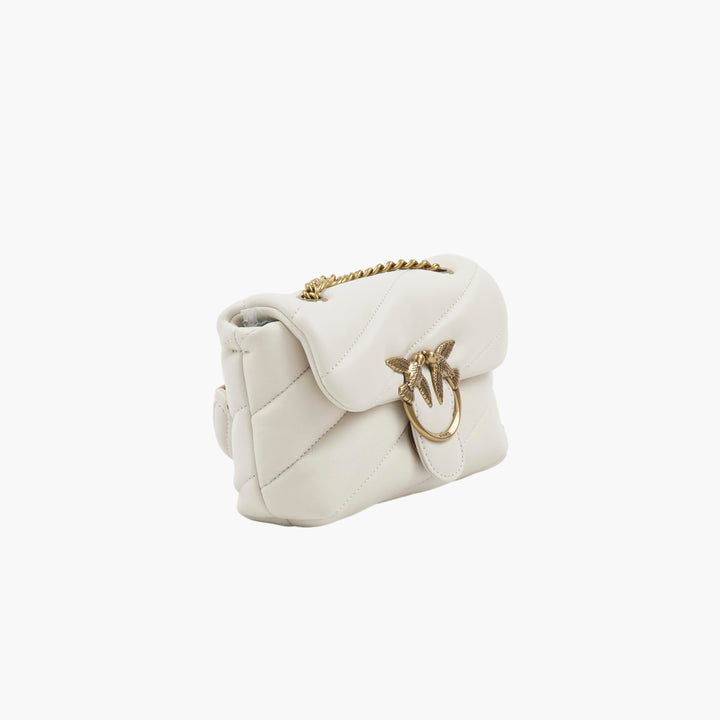 PINKO White-Gold Quilted Designer Bag with Gold-Tone Hardware and Iconic Bird Emblem