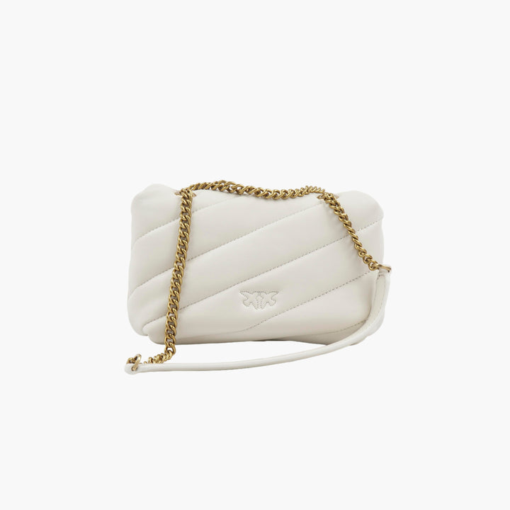 PINKO White-Gold Quilted Designer Bag with Gold-Tone Hardware and Iconic Bird Emblem