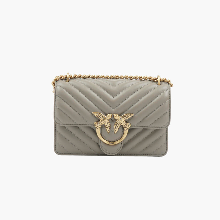 Pinko Grey-Gold Quilted Shoulder Bag with Gold Chain Strap and Iconic Bird Logo