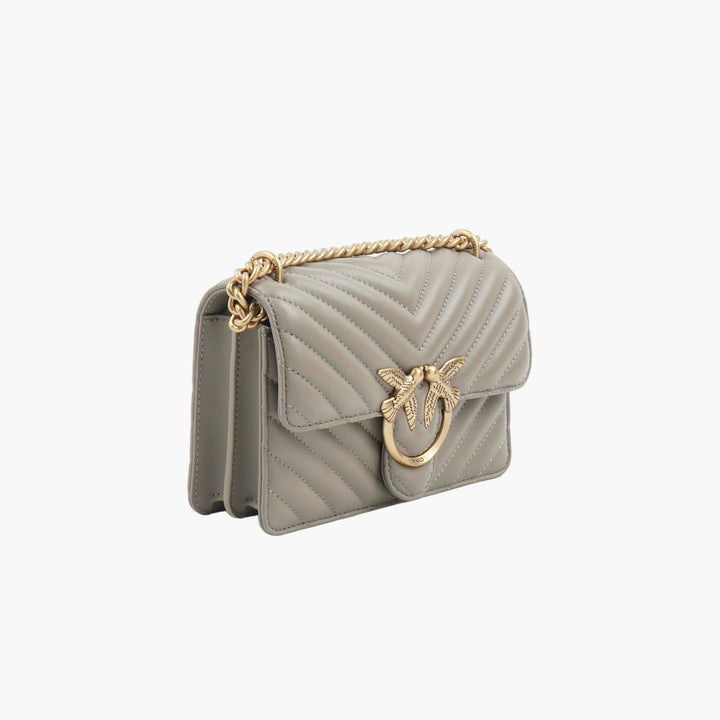 Pinko Grey-Gold Quilted Shoulder Bag with Gold Chain Strap and Iconic Bird Logo