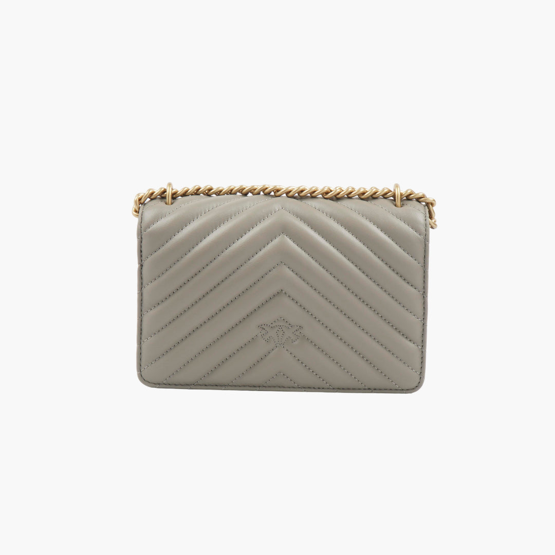 Pinko Grey-Gold Quilted Shoulder Bag with Gold Chain Strap and Iconic Bird Logo