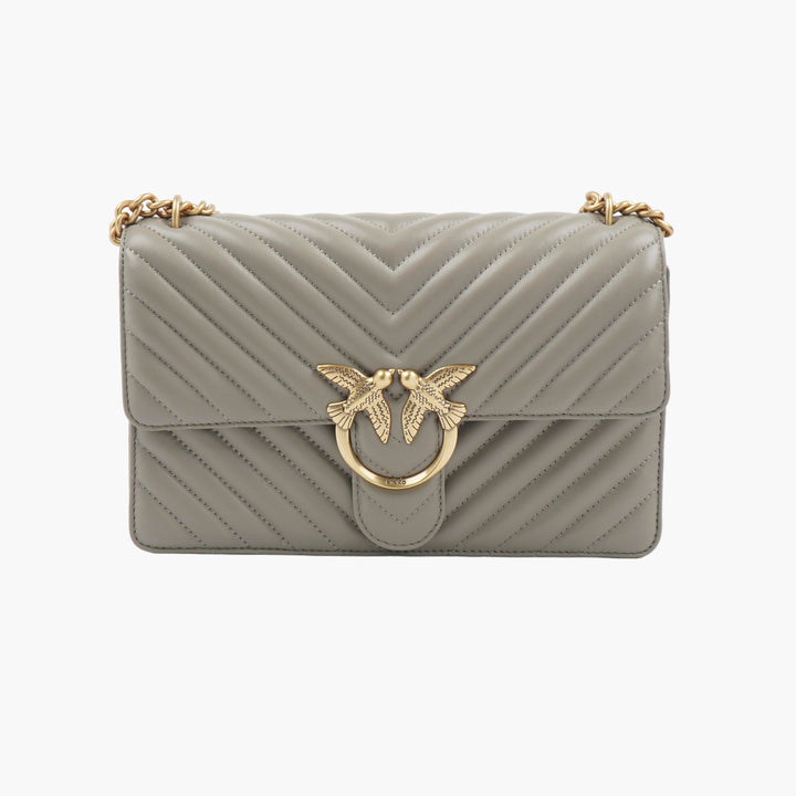 PINKO Quilted Grey-Gold Bag with Gold-Tone Dove Clasp and Chain Strap