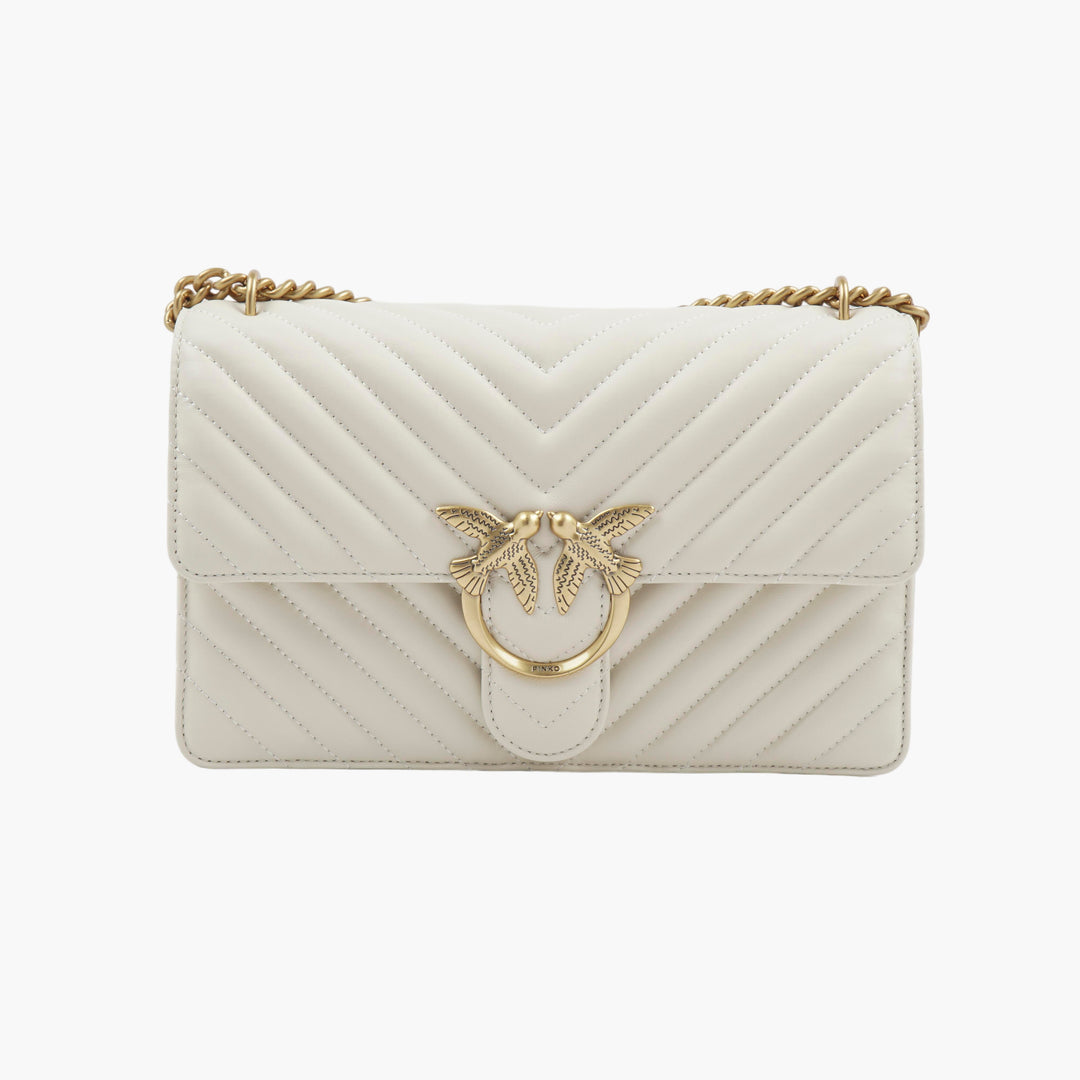 PINKO Quilted Bag with Gold Bird Embellishment - White-Gold