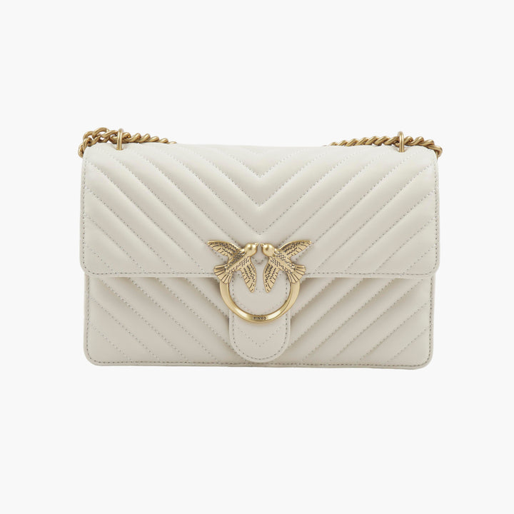 PINKO Quilted Bag with Gold Bird Embellishment - White-Gold