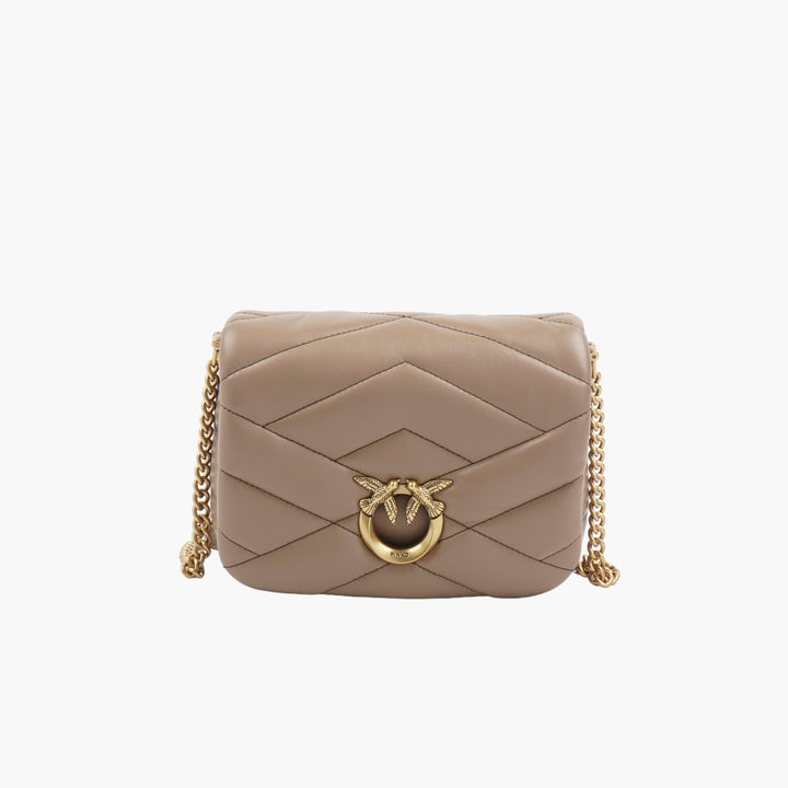 PINKO Love Birds Beige-Gold Quilted Bag with Chain Strap