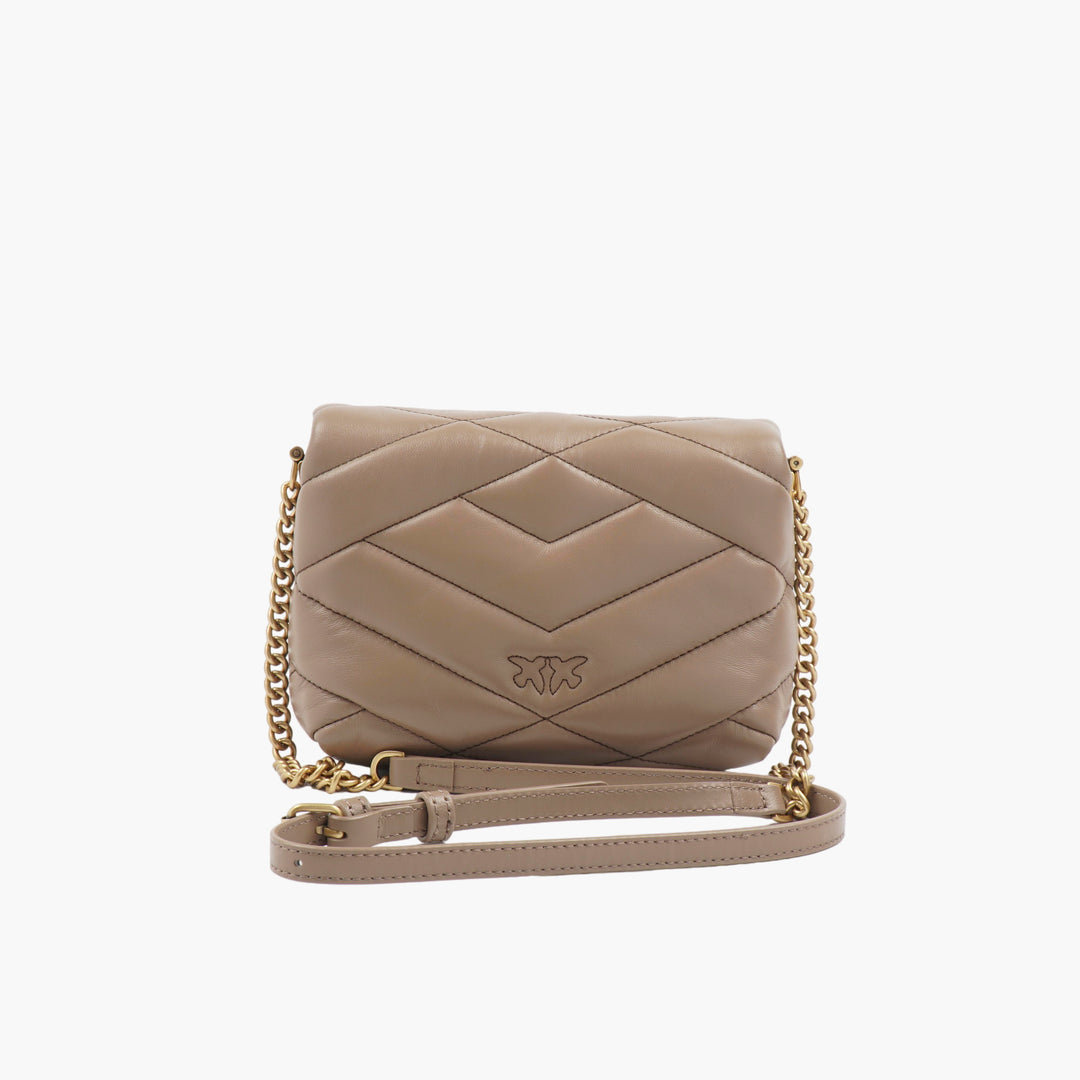 PINKO Love Birds Beige-Gold Quilted Bag with Chain Strap