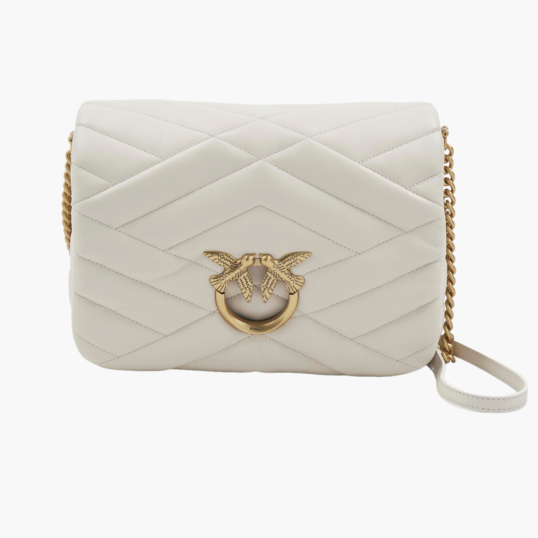 PINKO White-Gold Quilted Bag with Love Birds Buckle and Chain Strap