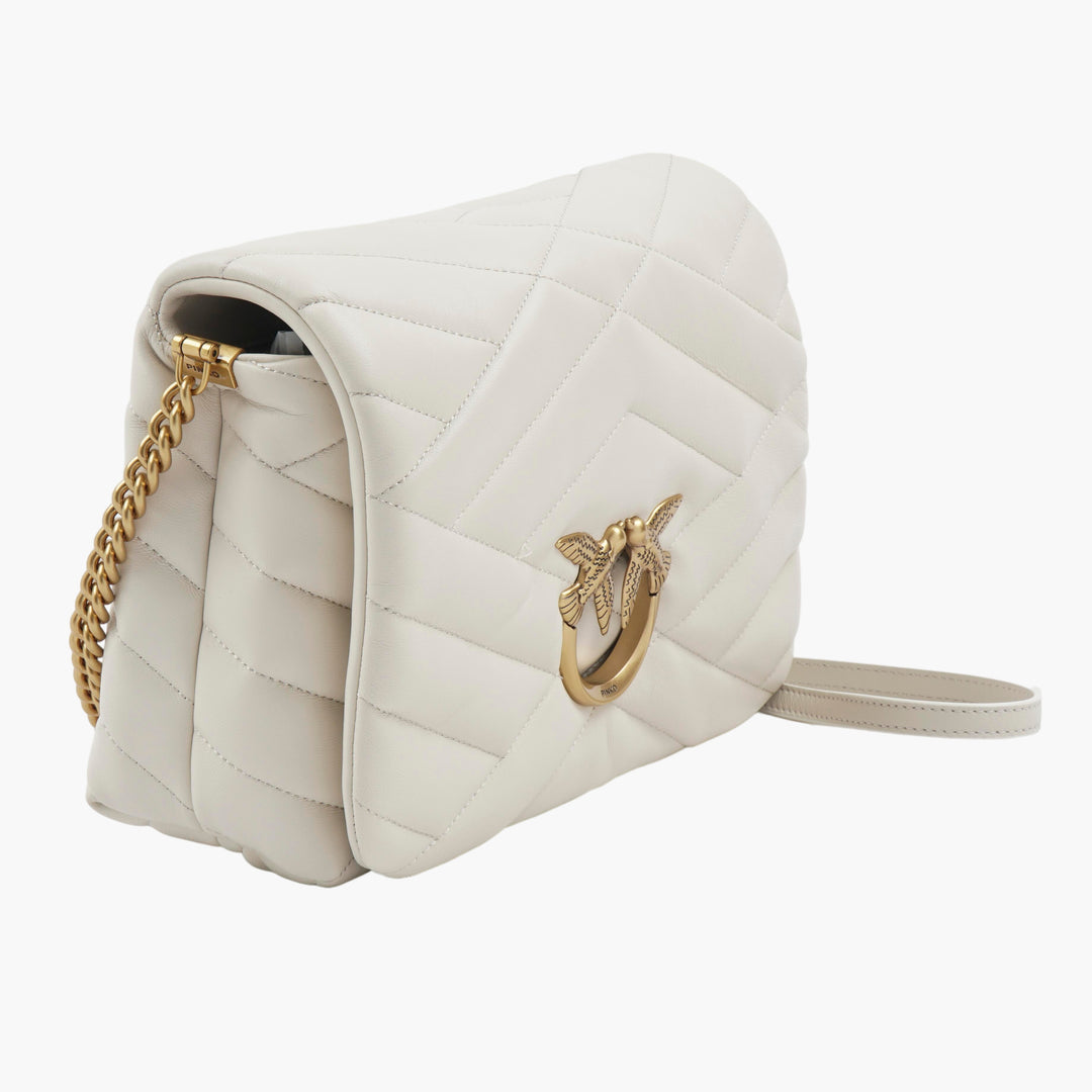 PINKO White-Gold Quilted Bag with Love Birds Buckle and Chain Strap