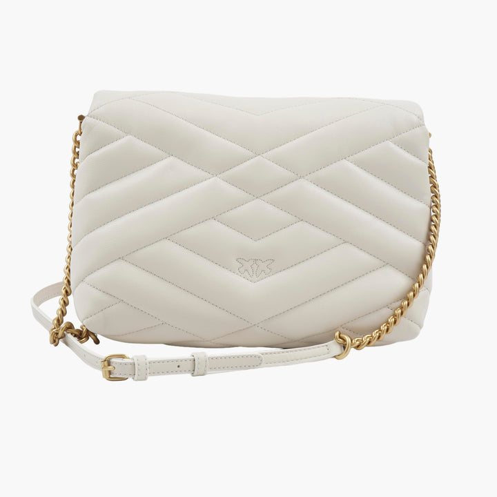 PINKO White-Gold Quilted Bag with Love Birds Buckle and Chain Strap