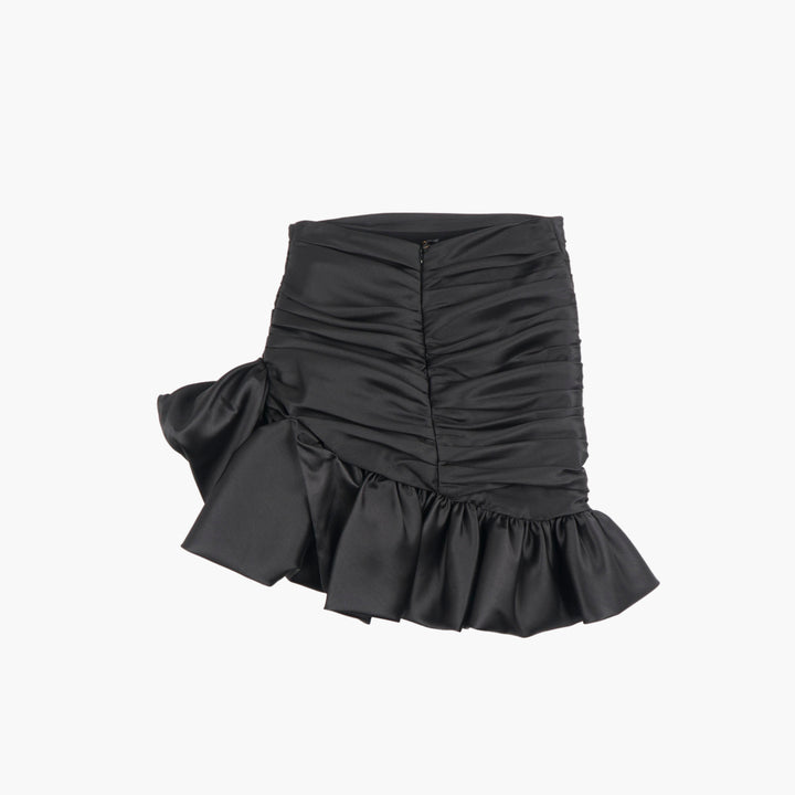 EDWARD ACHOUR PARIS Black Satin Ruched Skirt with Ruffled Hem