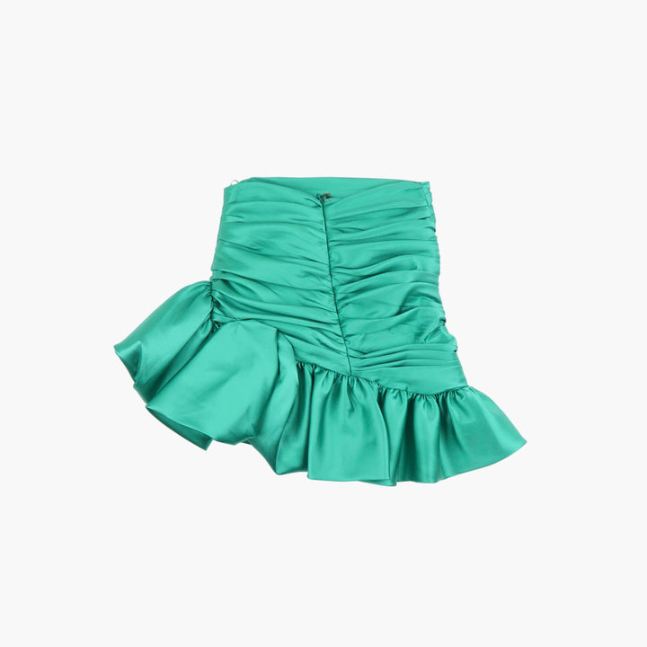 Edward Achour Paris Jade Green Satin Ruched Ruffle Skirt