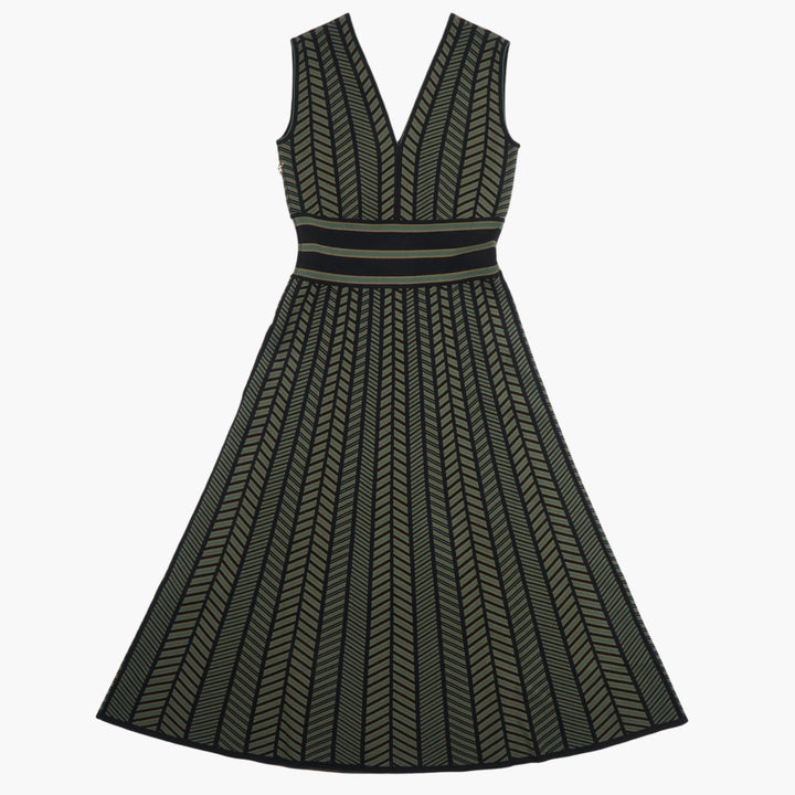 Max Mara Chevron Pattern Fit-and-Flare Dress in Black-Green