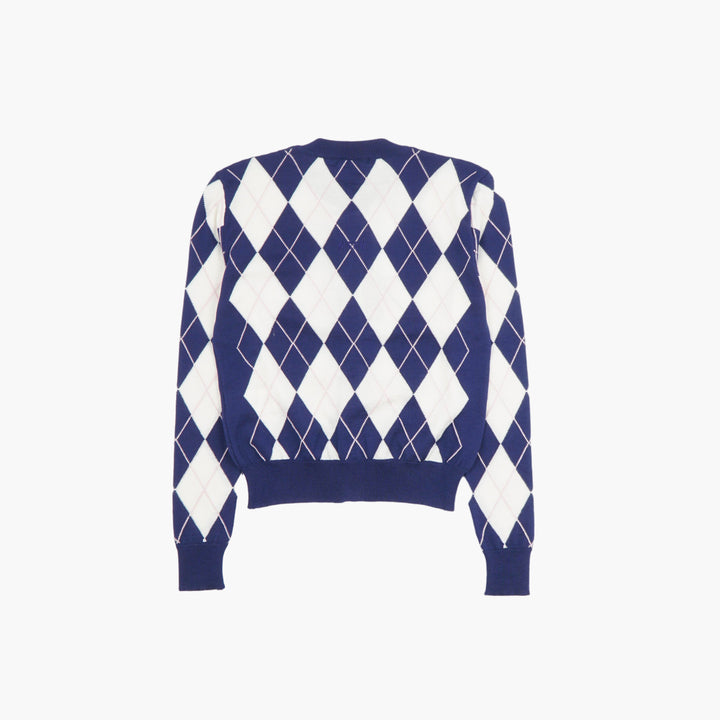 MSGM Navy-White Argyle Pattern Cardigan with Button-Down Front