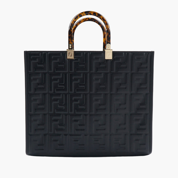 Borsa a mano firmata FENDI in pelle nera goffrata con manici in tartaruga - Made in Italy