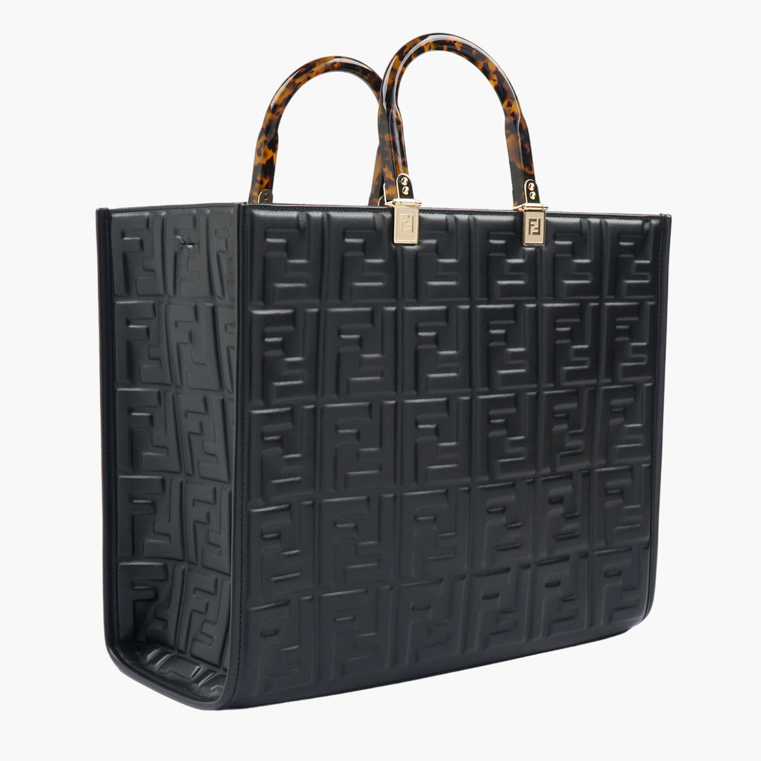 Borsa a mano firmata FENDI in pelle nera goffrata con manici in tartaruga - Made in Italy