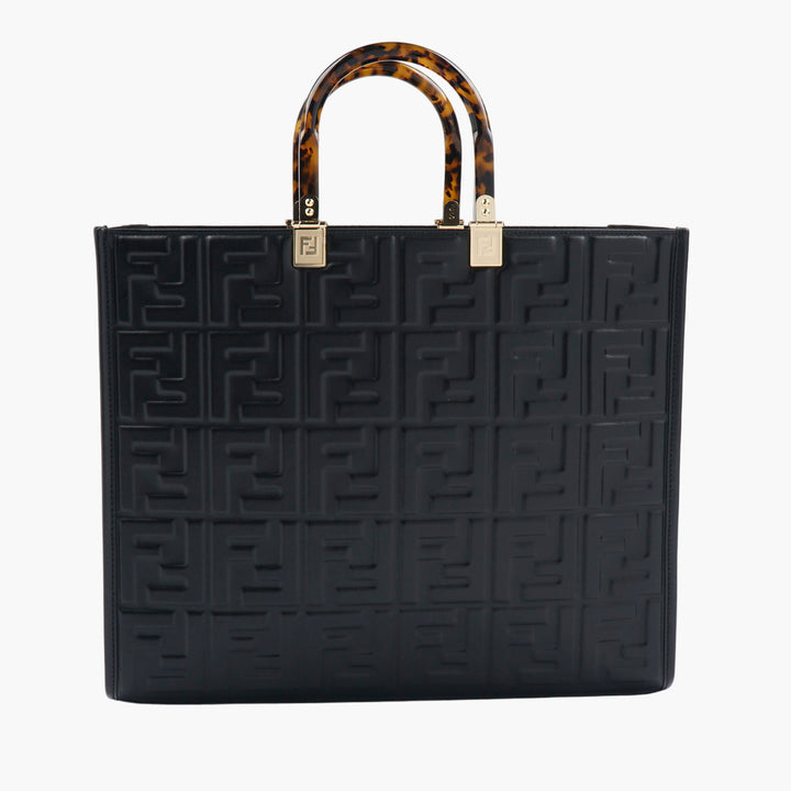 FENDI Designer Handbag in Embossed Black Leather with Tortoiseshell Handles - Made in Italy