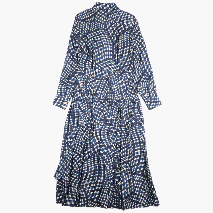 TORY BURCH Long-Sleeve Geometric Pattern Fit-and-Flare Dress - Blue-Ivory