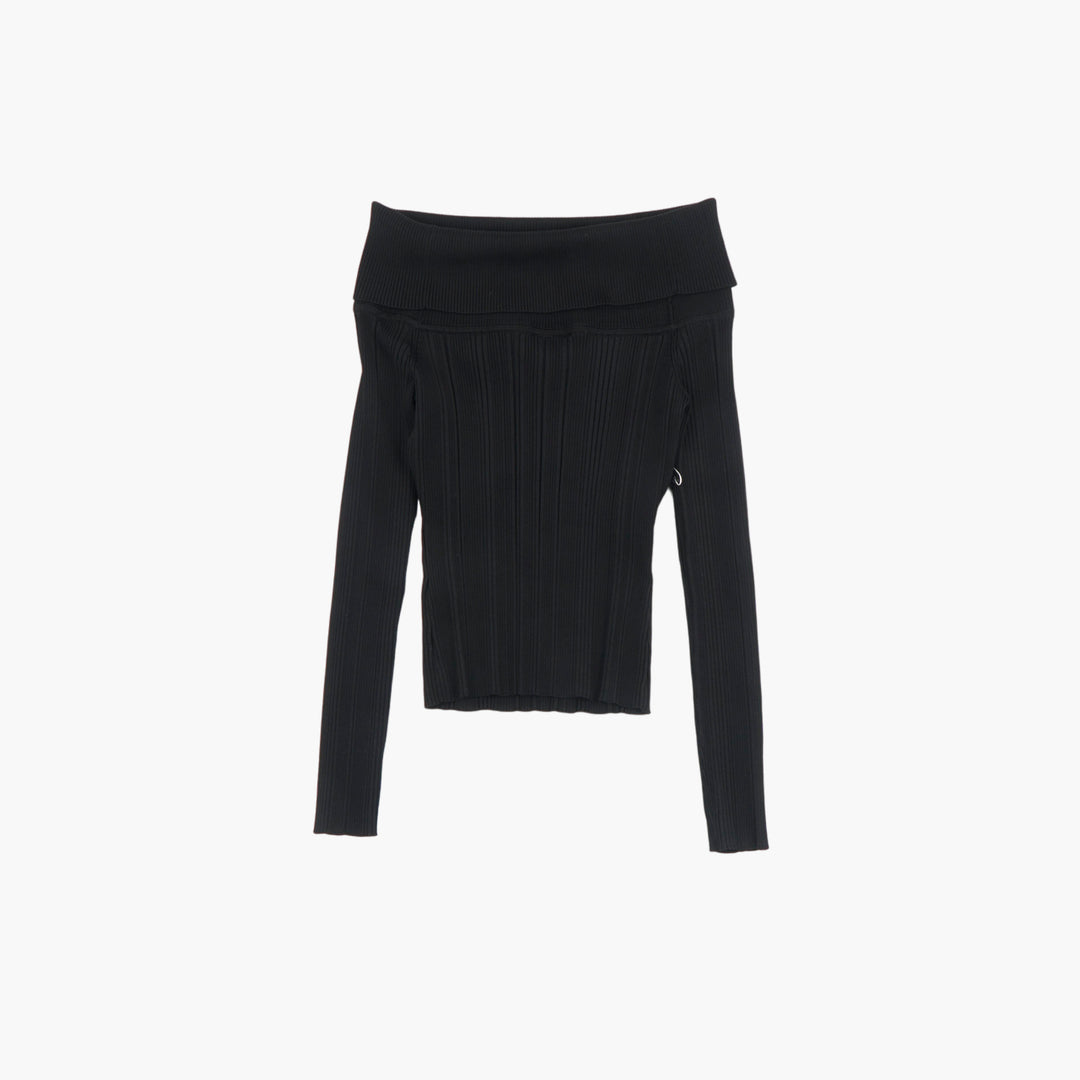 SELF PORTRAIT Off-The-Shoulder Ribbed Knit Top in Black