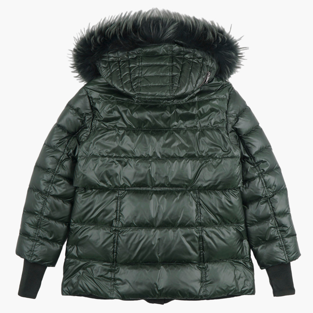 DIEGO M Elegant Dark Green Jacket with Faux Fur-Trimmed Hood