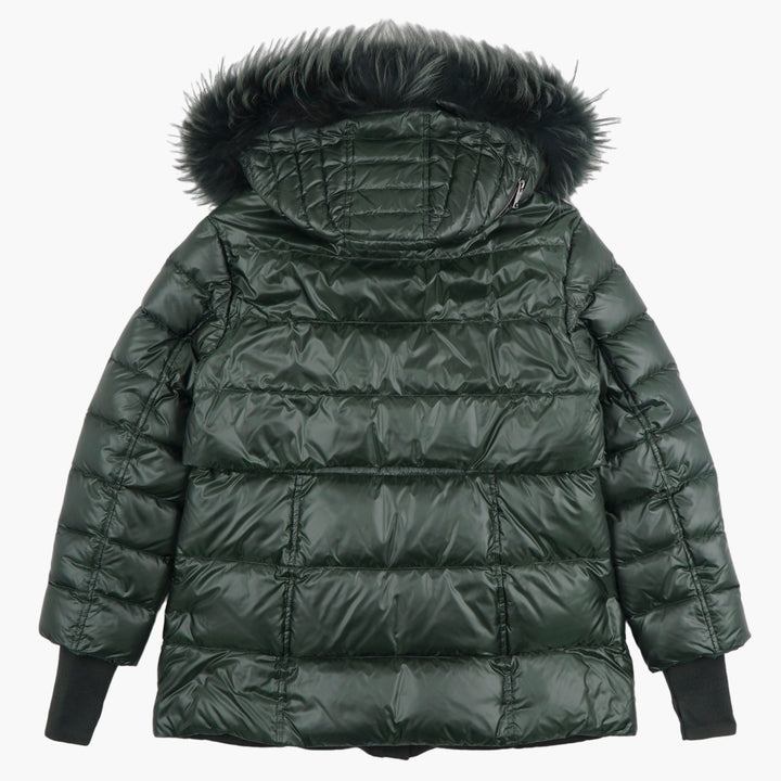 DIEGO M Elegant Dark Green Jacket with Faux Fur-Trimmed Hood