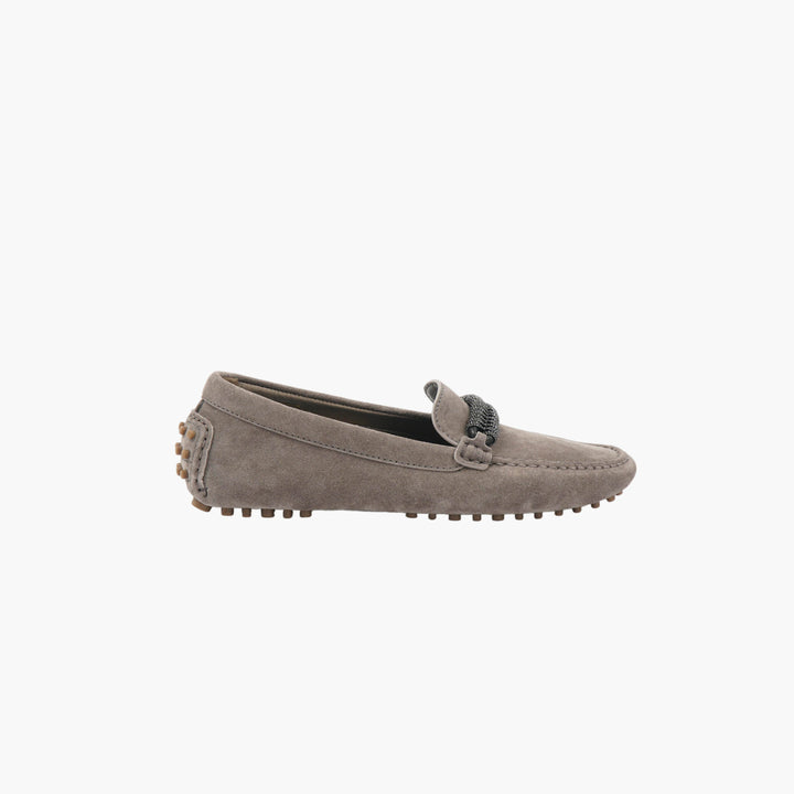 Brunello Cucinelli Grey Suede Loafers with Braided Detail