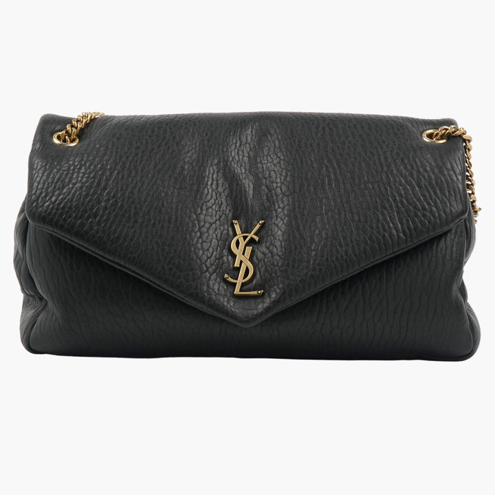 Borsa in pelle nera SAINT LAURENT con logo YSL color oro e tracolla a catena