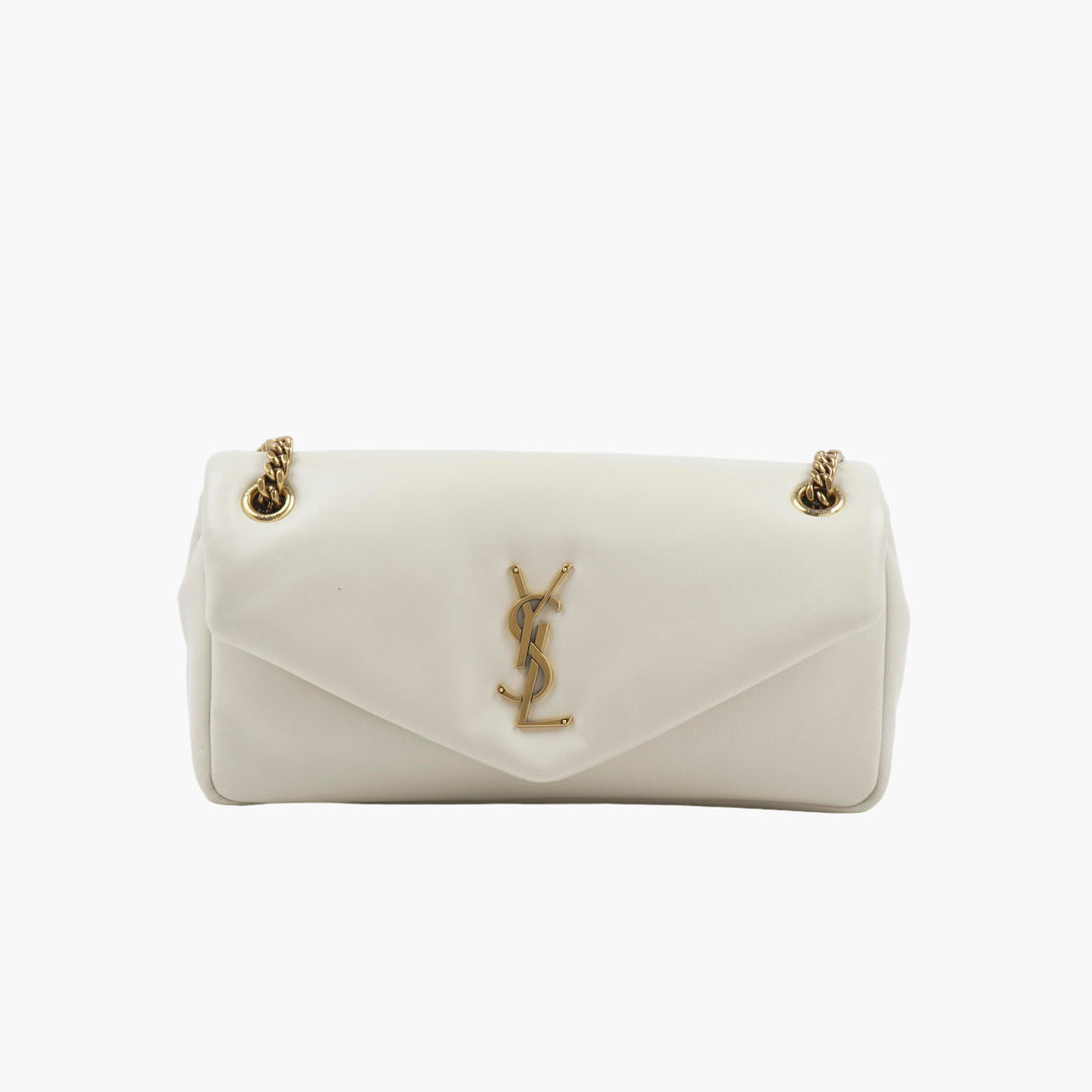 Borsa in pelle bianca SAINT LAURENT con logo YSL color oro, Made in Italy