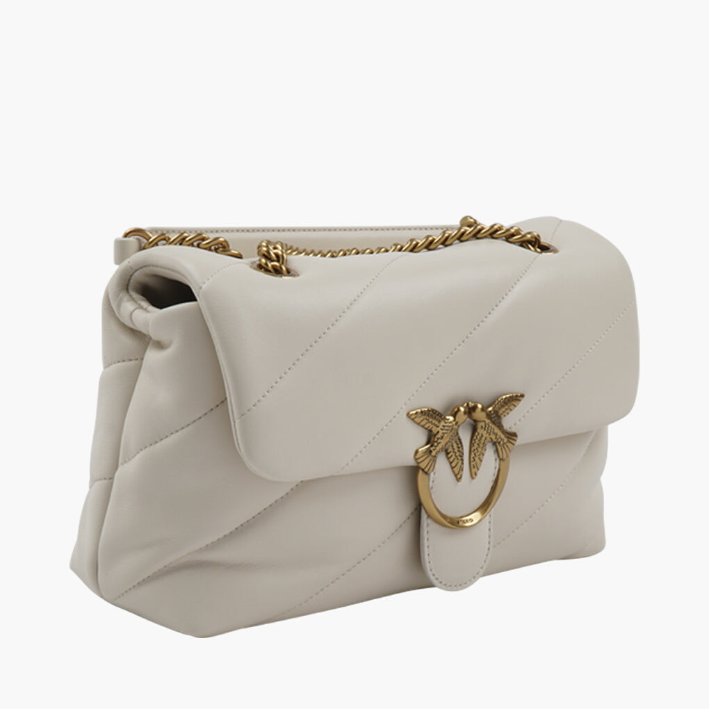 PINKO Elegant Quilted Leather Bag with Gold-Tone Chain Strap - Cream Color