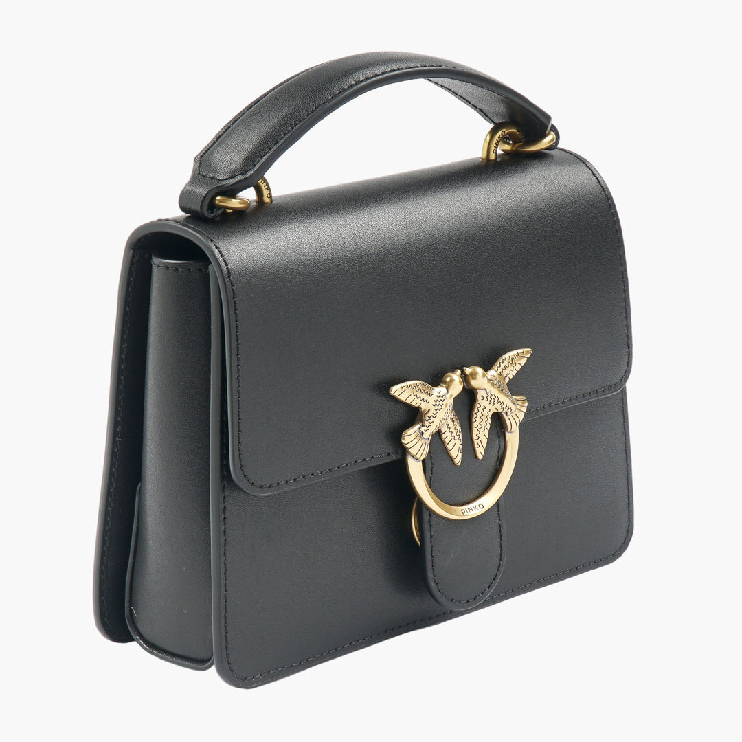 PINKO Borsa Elegante Nera e Oro con Chiusura ad Anello con Uccello Signature