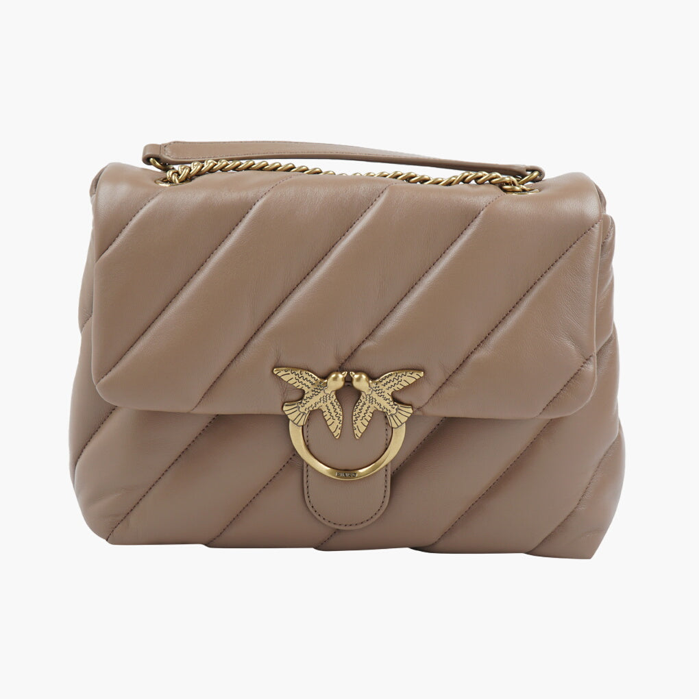 PINKO Quilted Beige-Gold Bag with Signature Bird Clasp and Chain Strap