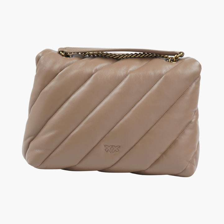 PINKO Quilted Beige-Gold Bag with Signature Bird Clasp and Chain Strap