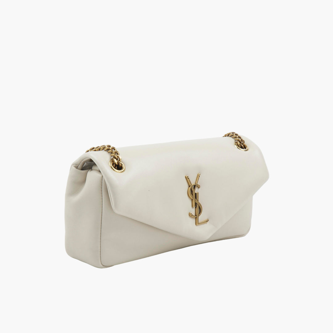 SAINT LAURENT White Leather Bag with Gold-Tone YSL Logo, Made in Italy