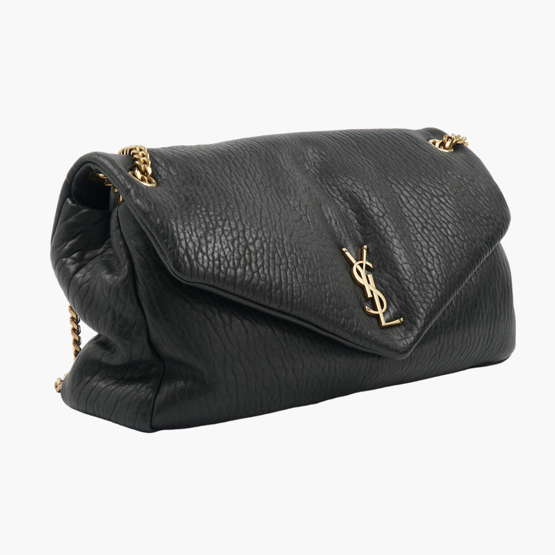 Borsa in pelle nera SAINT LAURENT con logo YSL color oro e tracolla a catena