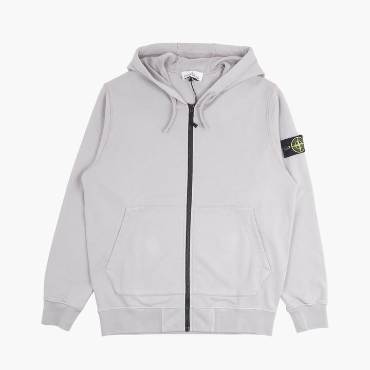 Felpa con cappuccio STONE ISLAND grigia con zip intera e dettaglio distintivo iconico