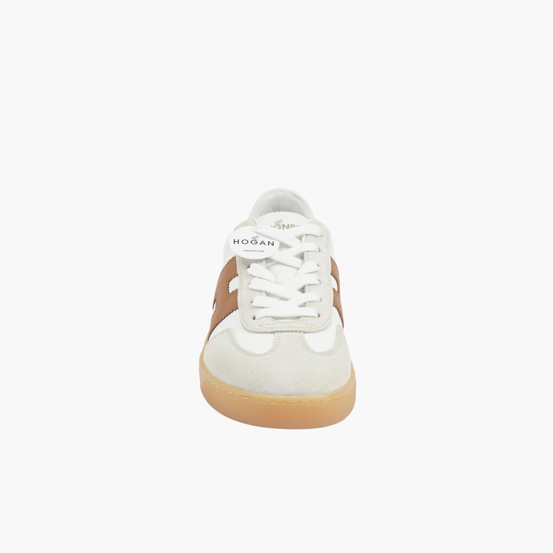 HOGAN Stylish Retro Sneakers in White with Brown 'H' Logo for All-Day Comfort