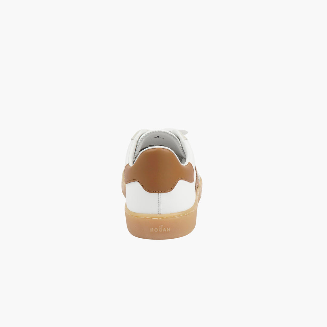 HOGAN Stylish Retro Sneakers in White with Brown 'H' Logo for All-Day Comfort