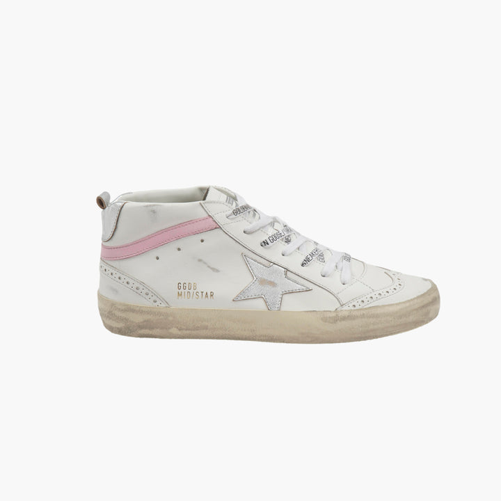 Golden Goose Mid Star Sneakers - White/Pink/Silver Distressed Designer Shoes Made in Italy