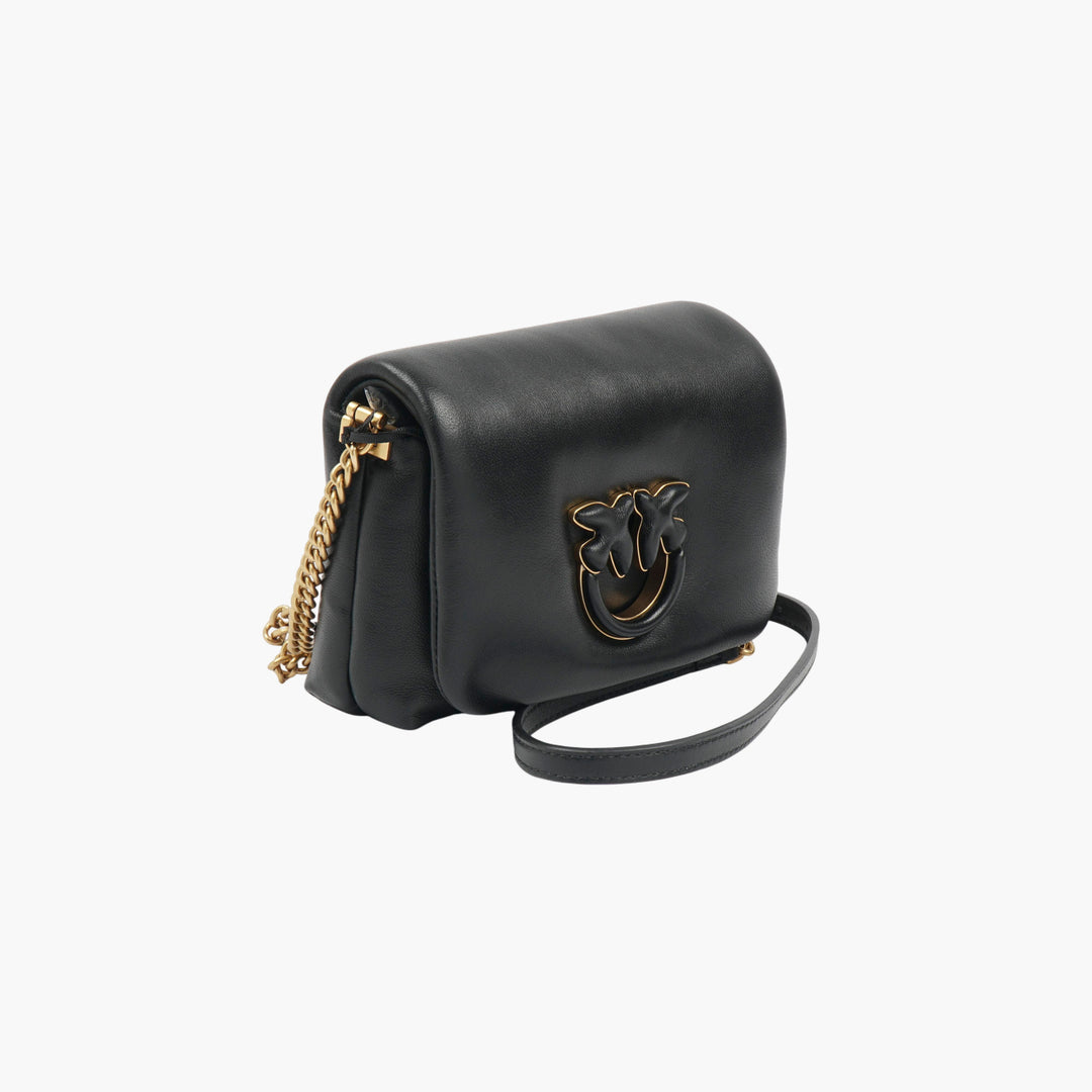 Borsa Pinko nera-oro con tracolla a catena elegante e logo Signature